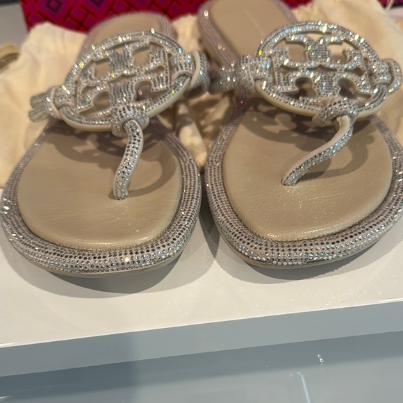 Tory Burch Pave Miller Crystal Metallic Cream/Silver Sandals Size 10 - Picture 3 of 8